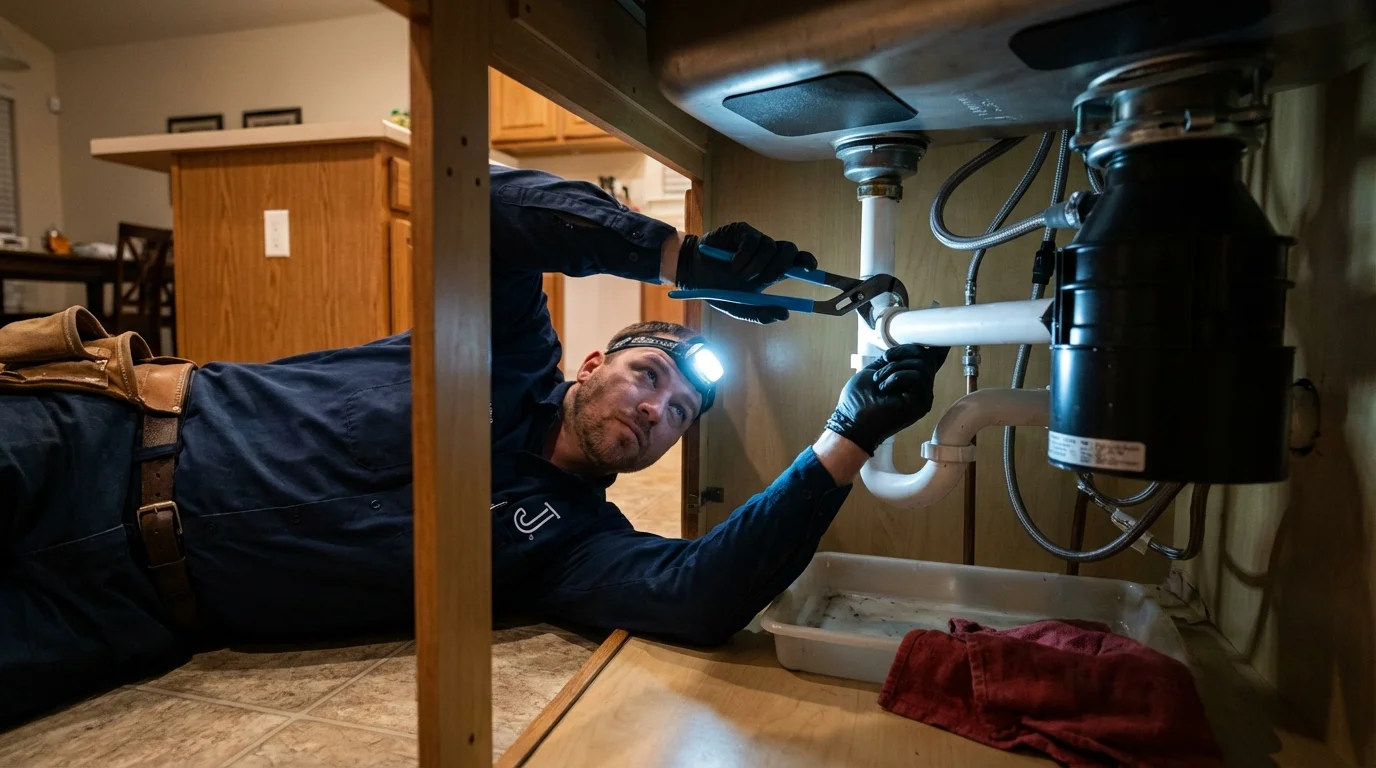 P-trap and supply line connections under a kitchen sink showing a common leak point in Baxter, IA